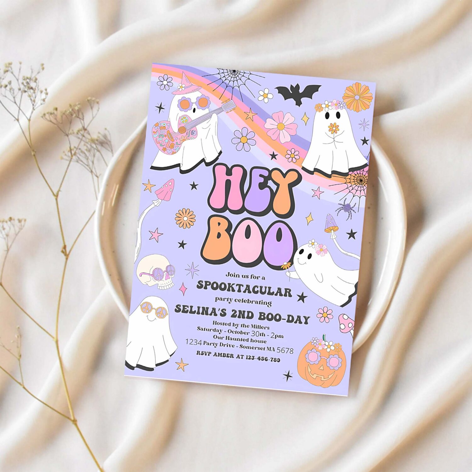 Editable halloween hey boo cute ghost birthday party invitation retro groovy rainbow ghost birthday hippie halloween instant download v7 1