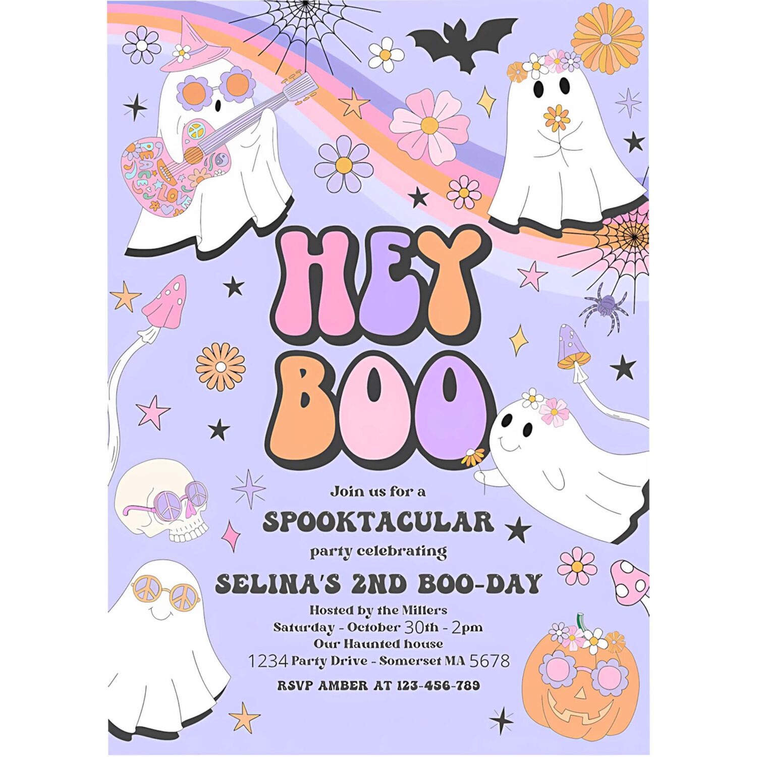 Editable halloween hey boo cute ghost birthday party invitation retro groovy rainbow ghost birthday hippie halloween instant download v7 4