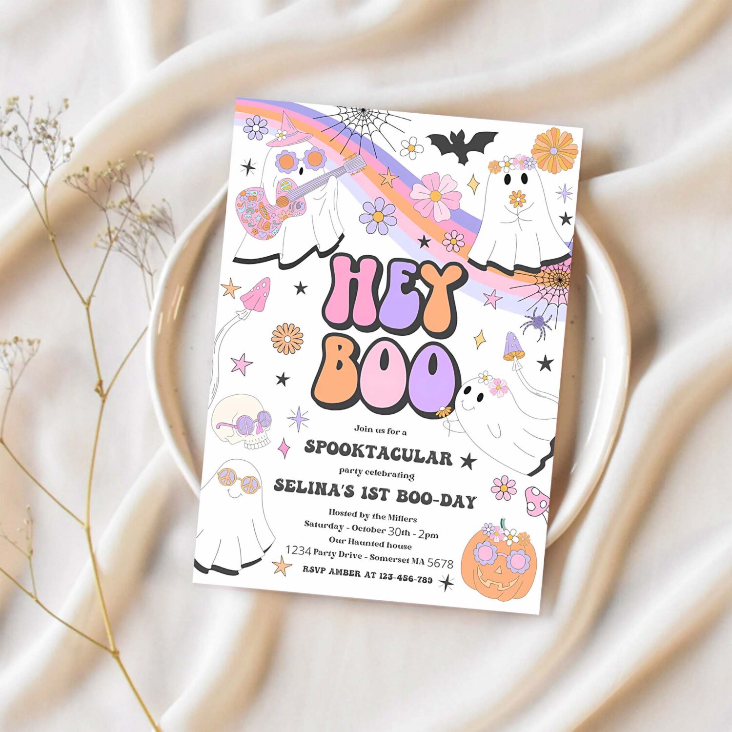Editable halloween hey boo cute ghost birthday party invitation retro groovy rainbow ghost birthday hippie halloween instant download v9 1