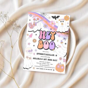 Editable halloween hey boo cute ghost birthday party invitation retro groovy rainbow ghost birthday hippie halloween instant download v9 1