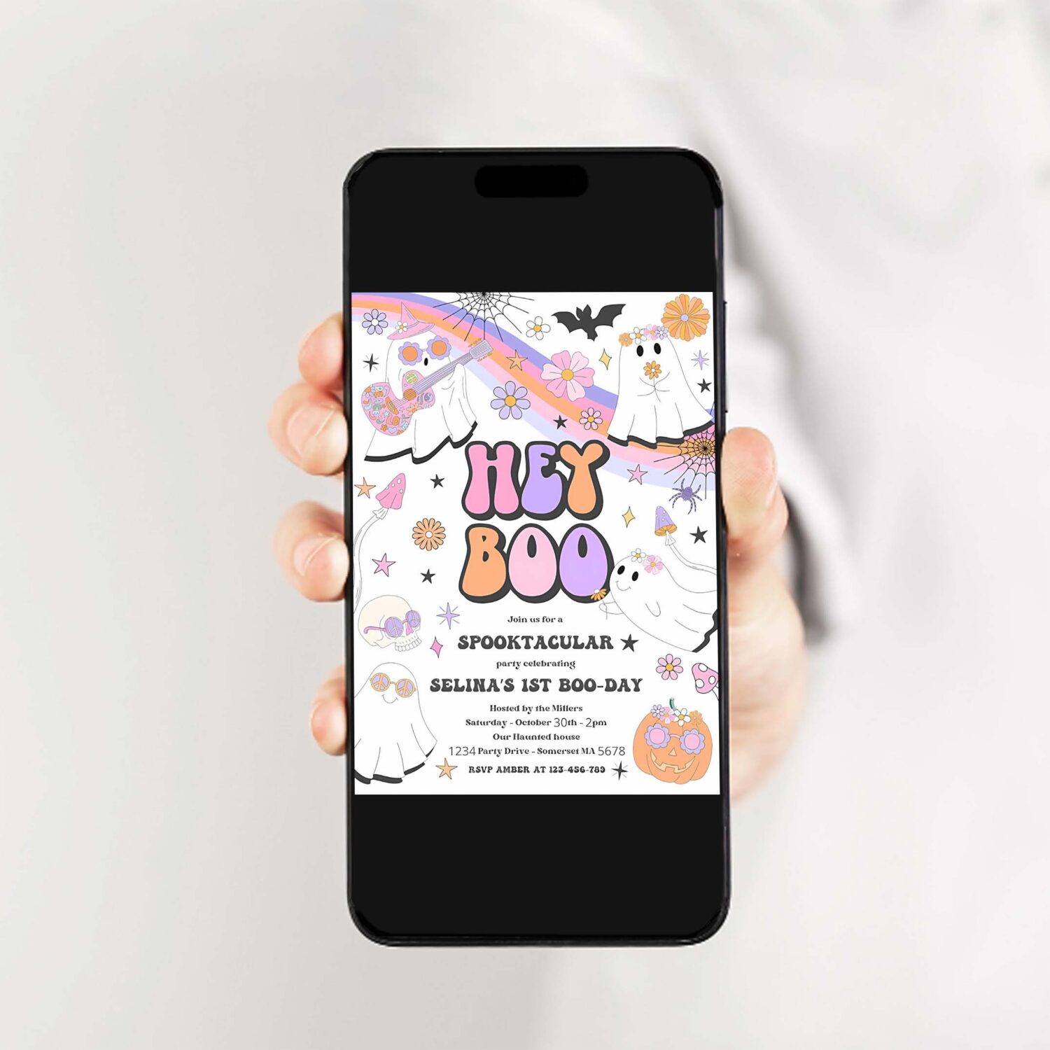Editable halloween hey boo cute ghost birthday party invitation retro groovy rainbow ghost birthday hippie halloween instant download v9 2