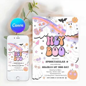 Hey Boo Invitation, Halloween Hey Boo Cute Ghost Birthday Party Invitation Retro Groovy Rainbow Ghost Birthday Hippie Halloween