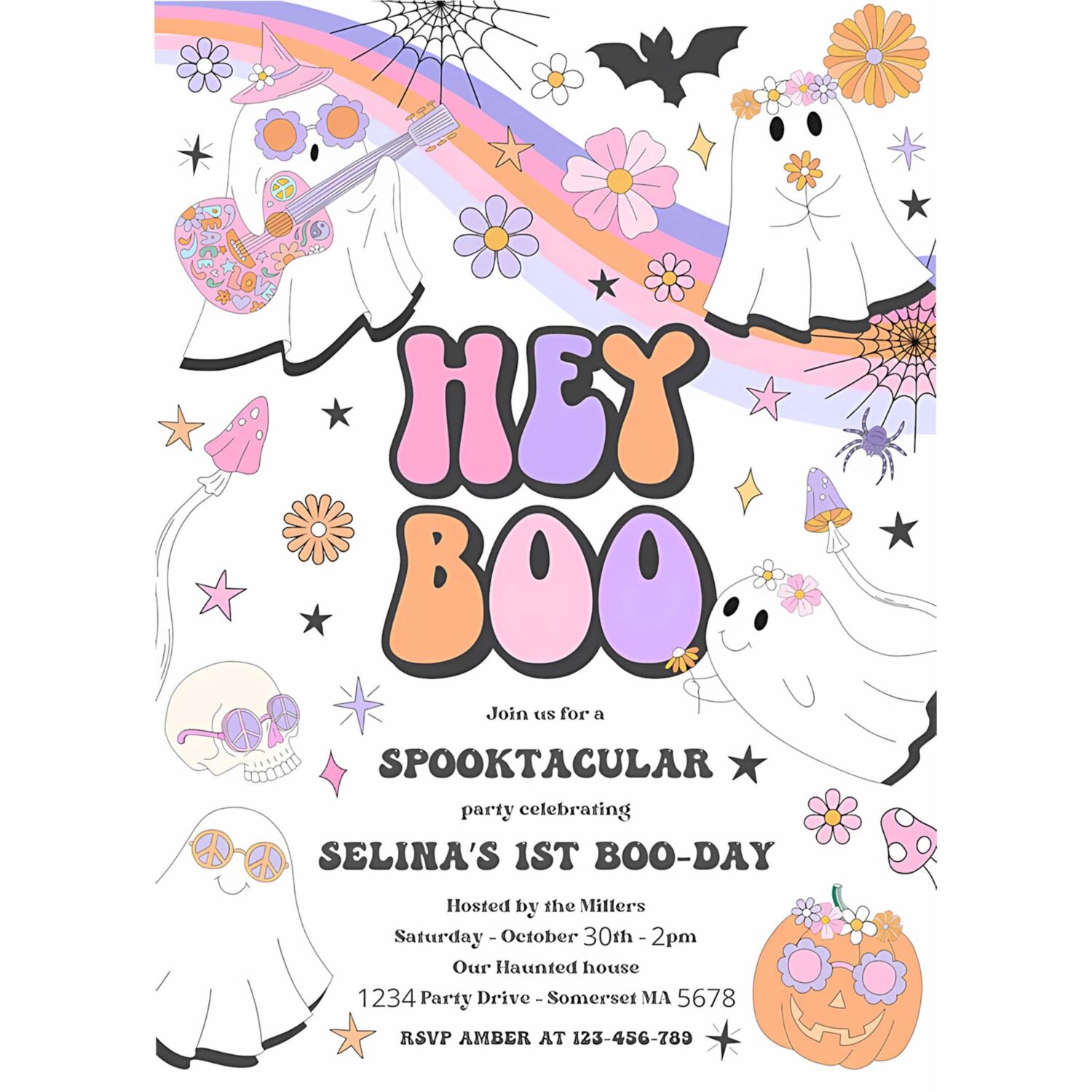 Editable halloween hey boo cute ghost birthday party invitation retro groovy rainbow ghost birthday hippie halloween instant download v9 4