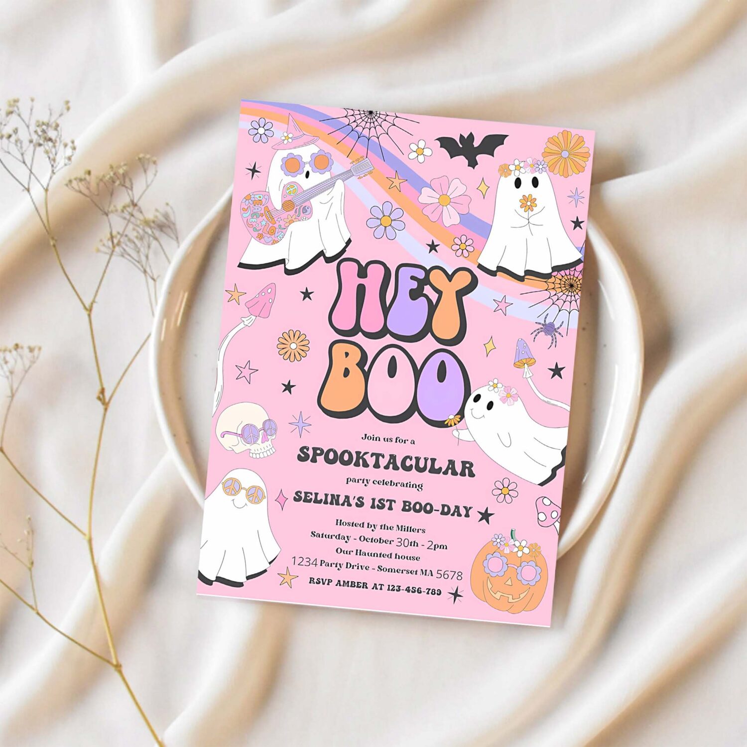Editable halloween hey boo cute ghost birthday party invitation retro groovy rainbow ghost birthday hippie halloween instant download vu 1