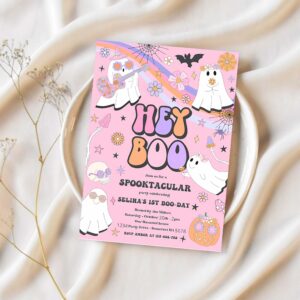 Editable halloween hey boo cute ghost birthday party invitation retro groovy rainbow ghost birthday hippie halloween instant download vu 1