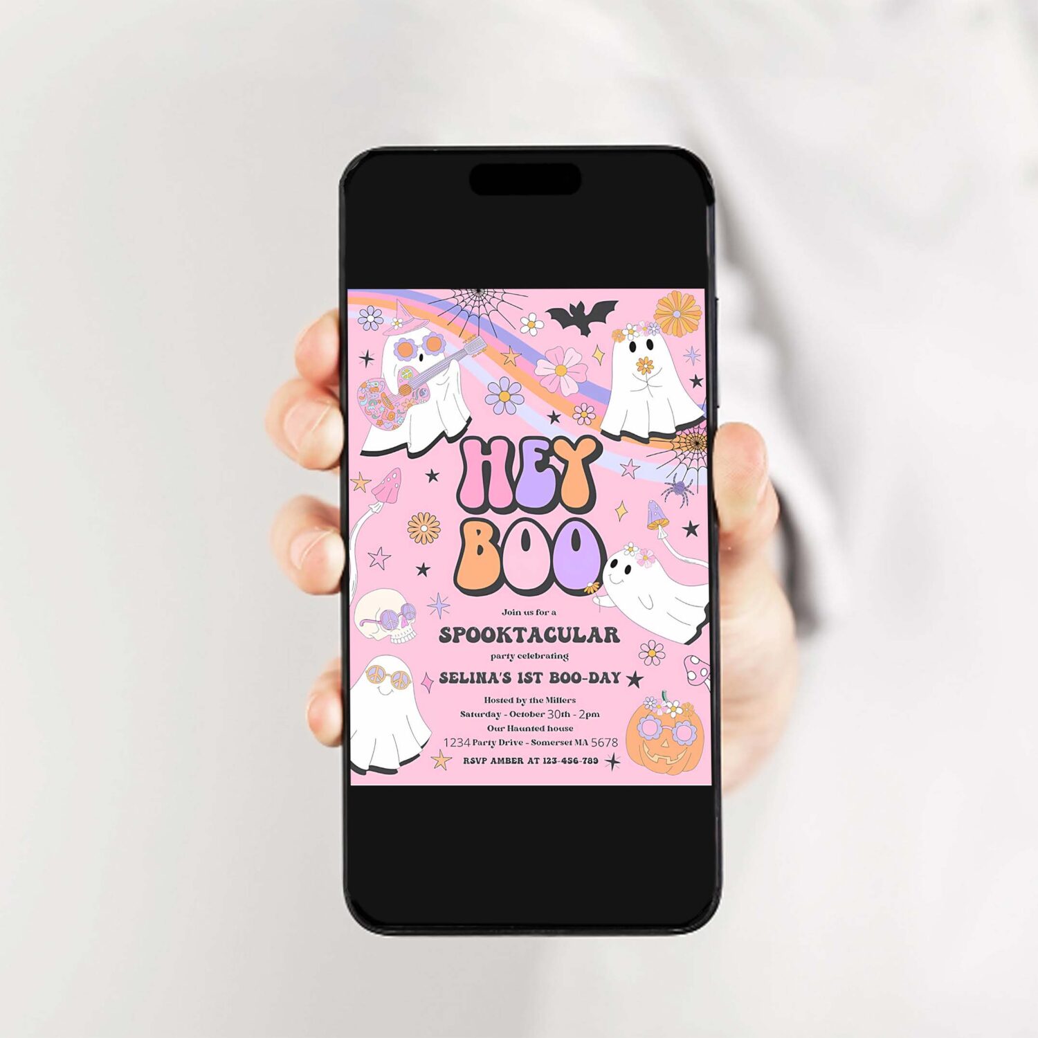 Editable halloween hey boo cute ghost birthday party invitation retro groovy rainbow ghost birthday hippie halloween instant download vu 2