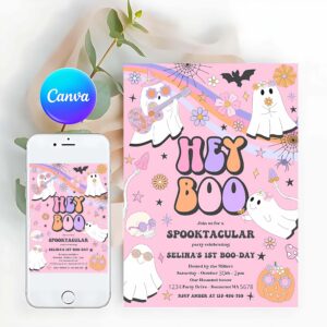 Hey Boo Invitation, Halloween Hey Boo Cute Ghost Birthday Party Invitation Retro Groovy Rainbow Ghost Birthday Hippie Halloween