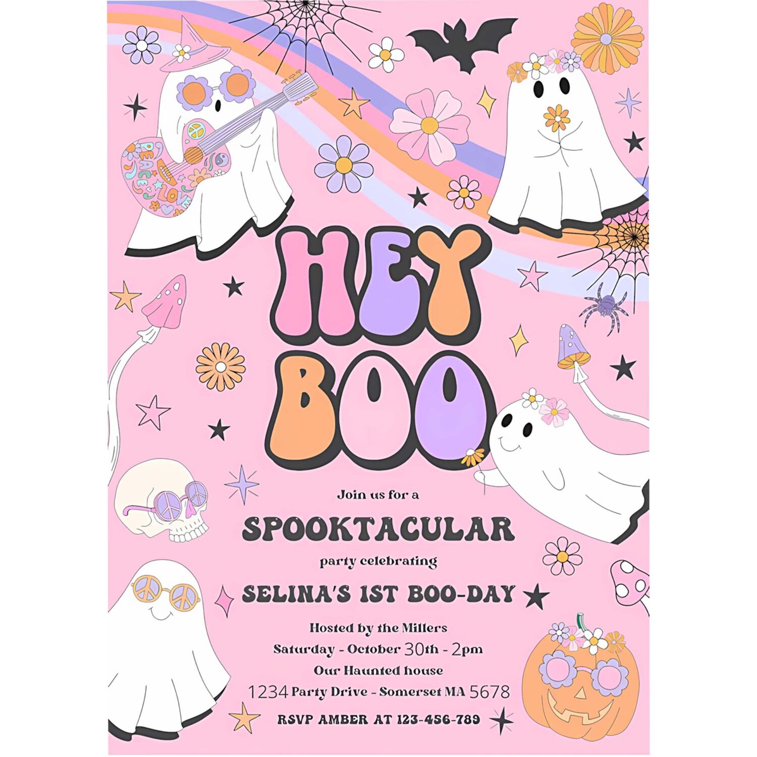 Editable halloween hey boo cute ghost birthday party invitation retro groovy rainbow ghost birthday hippie halloween instant download vu 4