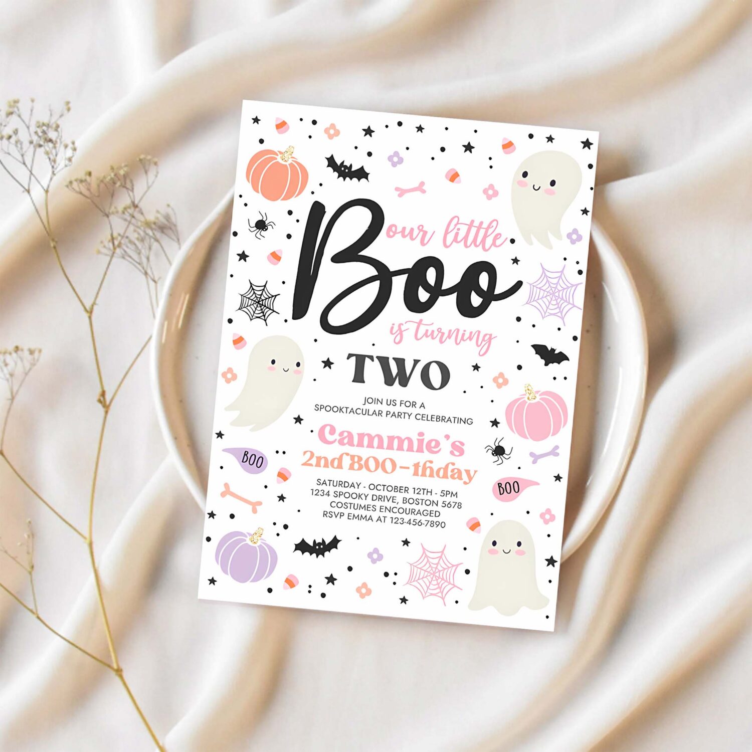 Editable halloween little boo 2nd birthday party invitation cute pink ghost 2nd birthday spooktacular 2nd birthday instant download v3 1