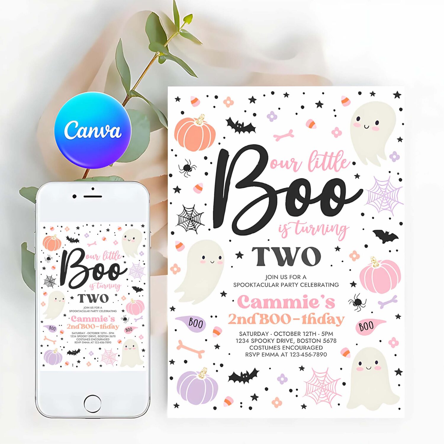 Editable halloween little boo 2nd birthday party invitation cute pink ghost 2nd birthday spooktacular 2nd birthday instant download v3