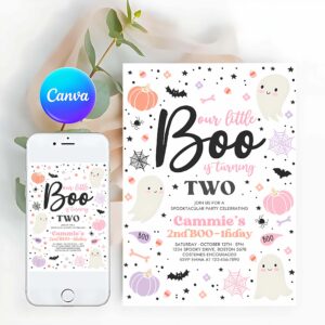 Little Boo Invitation, Halloween Little Boo 2nd Birthday Party Invitation Cute Pink Ghost 2nd Birthday Spooktacular 2nd Birthday