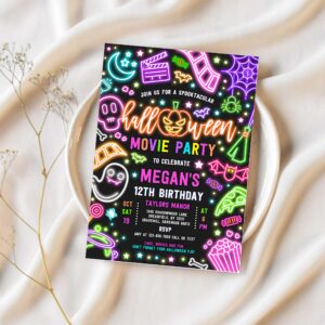 Editable halloween movie party birthday invitation spooky movie birthday party glow halloween spooktacular movie party instant download t6y 1
