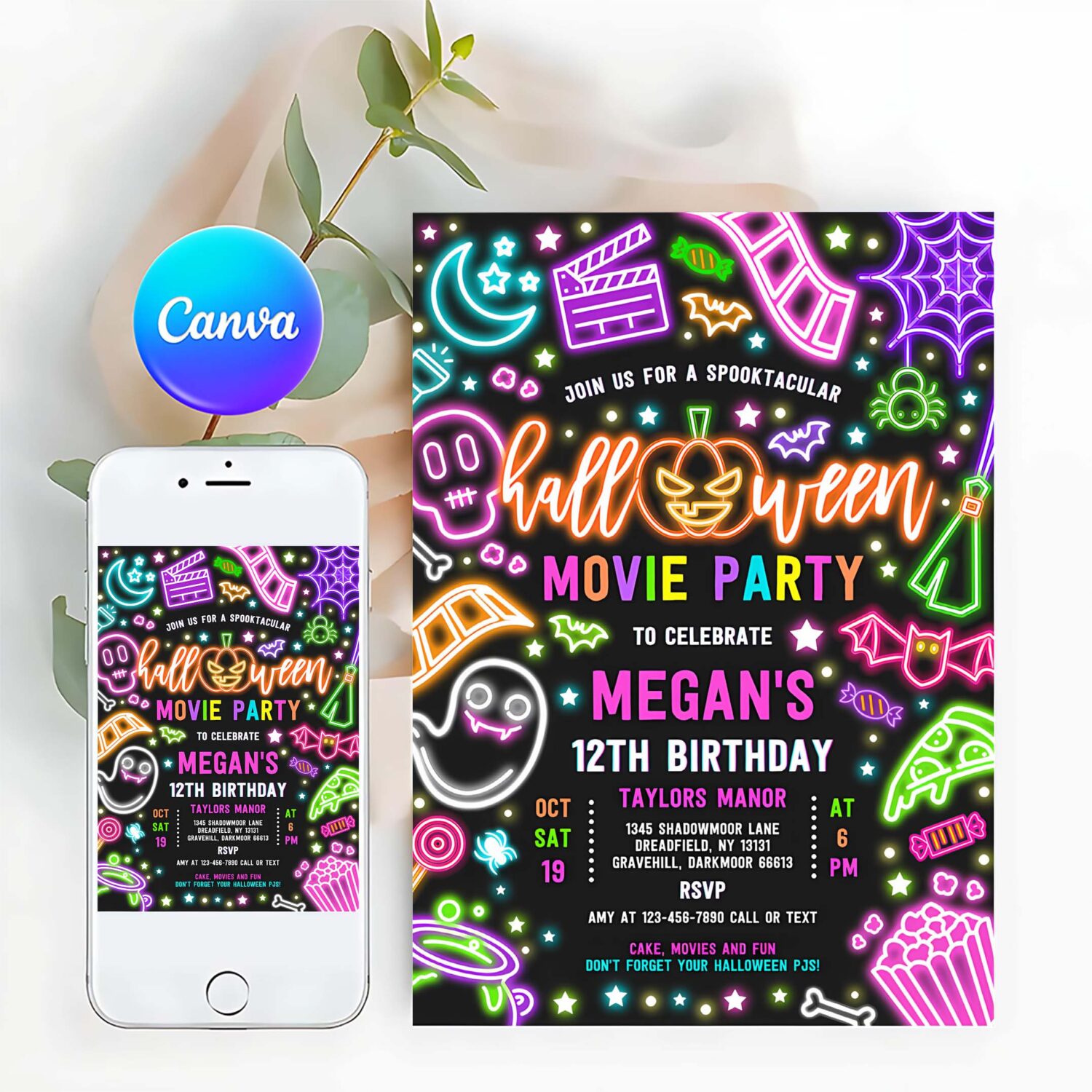 Editable halloween movie party birthday invitation spooky movie birthday party glow halloween spooktacular movie party instant download t6y