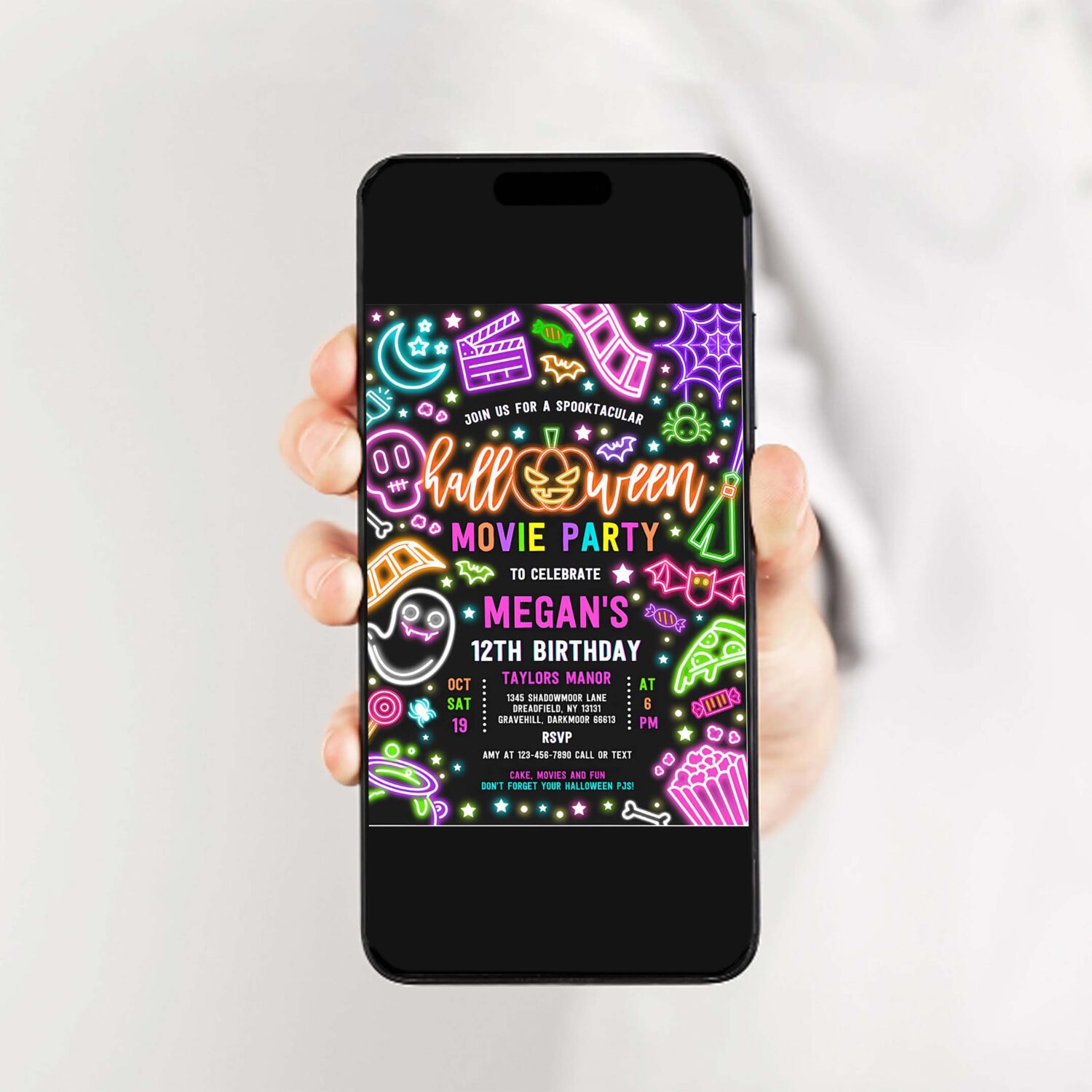 Editable halloween movie party birthday invitation spooky movie birthday party glow halloween spooktacular movie party instant download t6y 2
