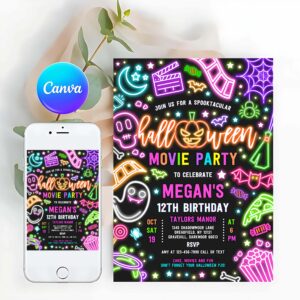 One Spooky Invitation, Halloween Movie Party Birthday Invitation Spooky Movie Birthday Party Glow Halloween Spooktacular Movie Party
