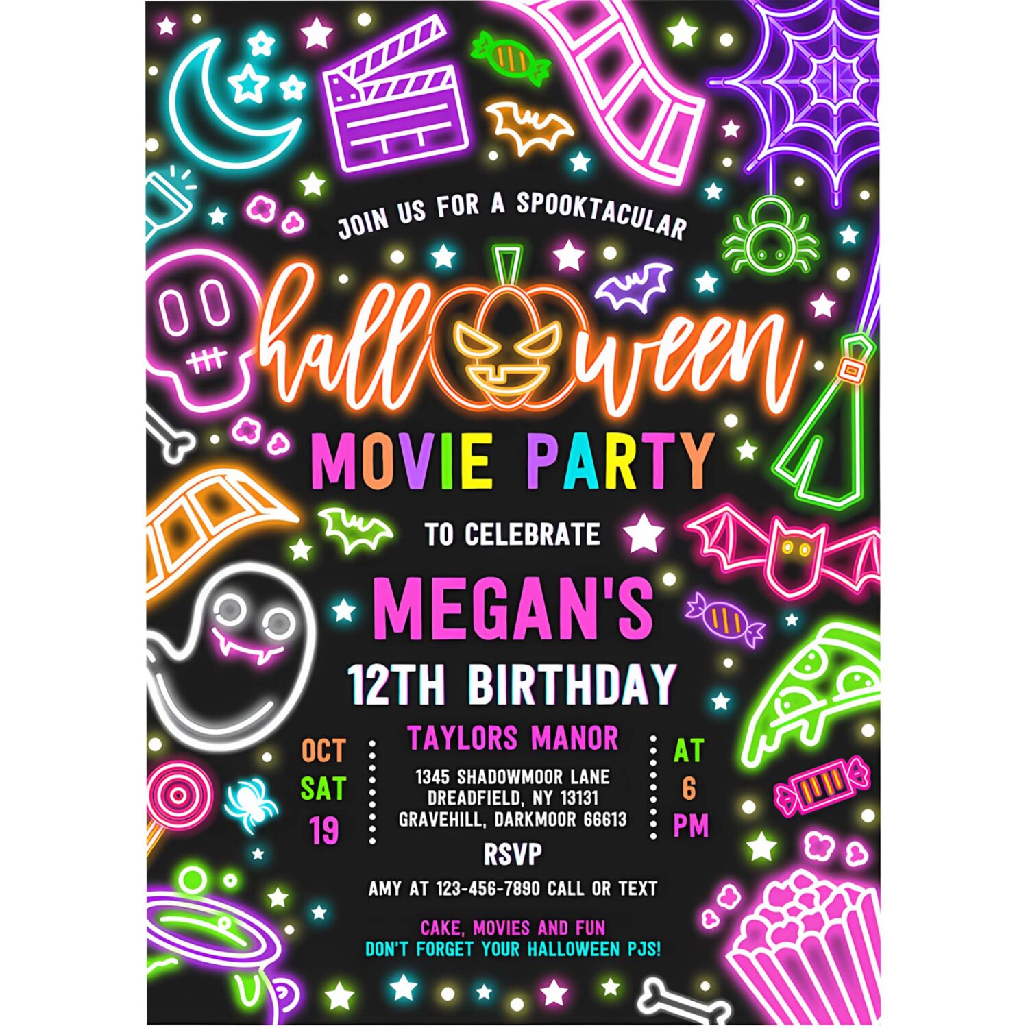 Editable halloween movie party birthday invitation spooky movie birthday party glow halloween spooktacular movie party instant download t6y 4