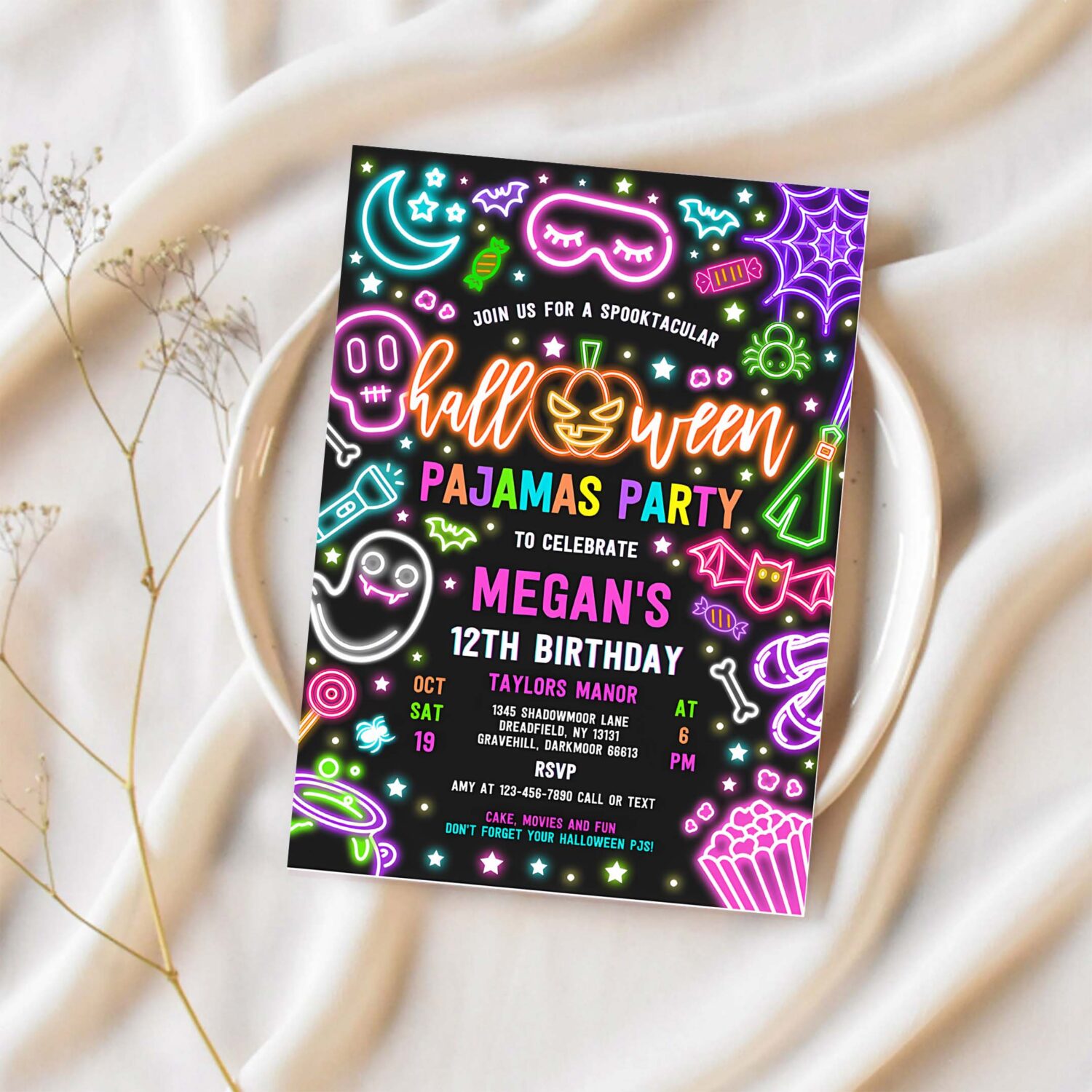 Editable halloween pajama party birthday invitation spooky sleepover party neon glow halloween spooktacular sleepover instant download t6y 1