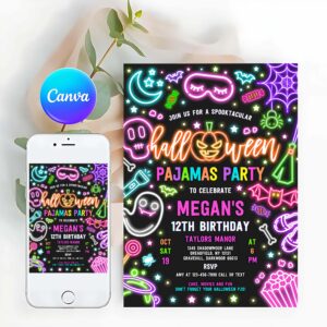 One Spooky Invitation, Halloween Pajama Party Birthday Invitation Spooky Sleepover Party Neon Glow Halloween Spooktacular Sleepover