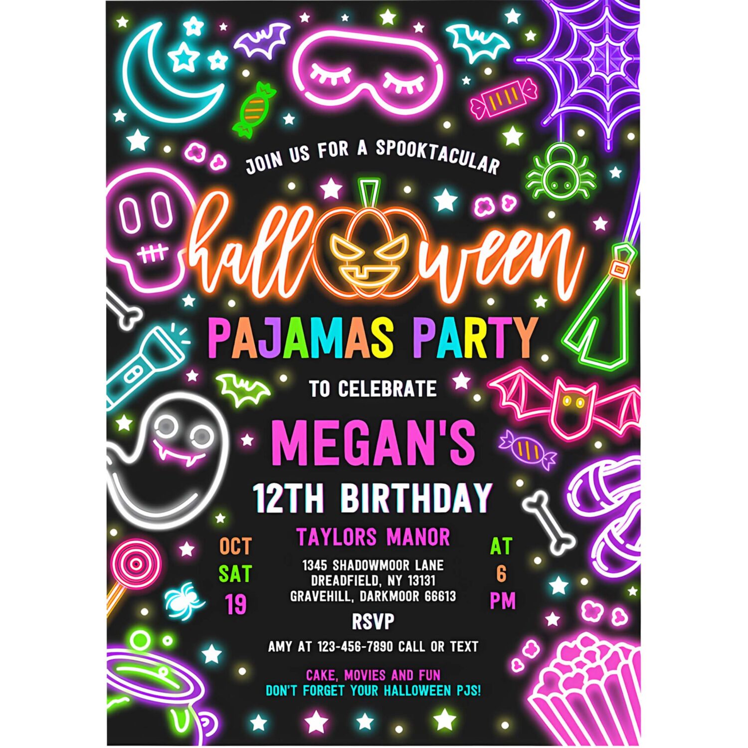 Editable halloween pajama party birthday invitation spooky sleepover party neon glow halloween spooktacular sleepover instant download t6y 4