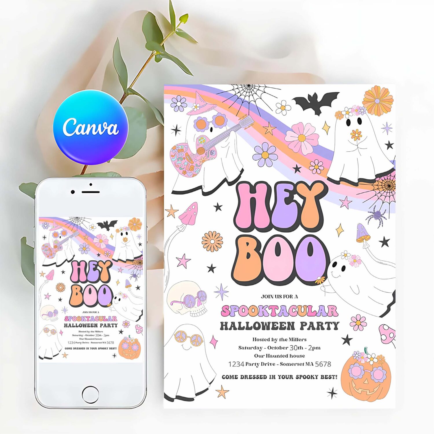 Editable halloween party invitation kids cute pink ghost halloween party spooktacular spooktacular halloween kids party instant download v9