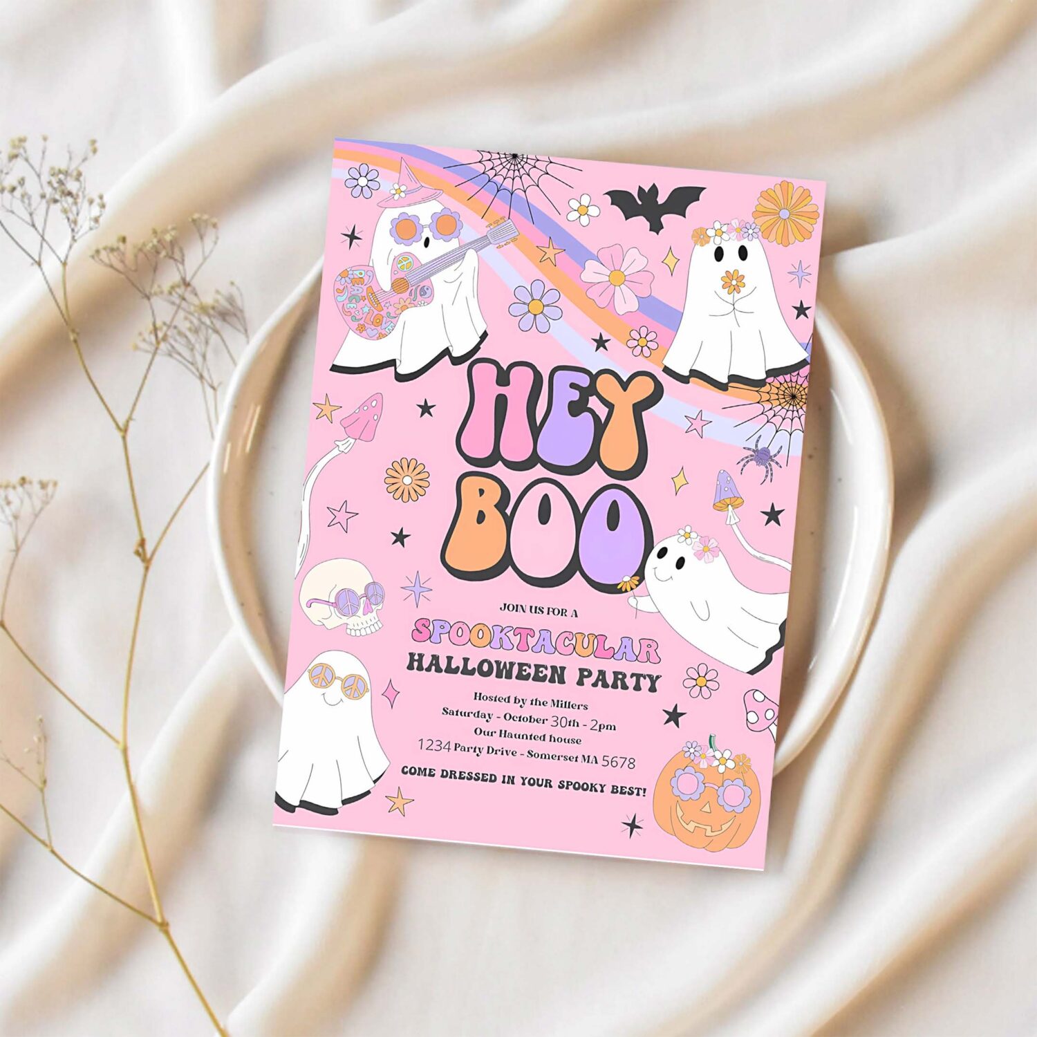 Editable halloween party invitation kids cute pink ghost halloween party spooktacular spooktacular halloween kids party instant download vu 1