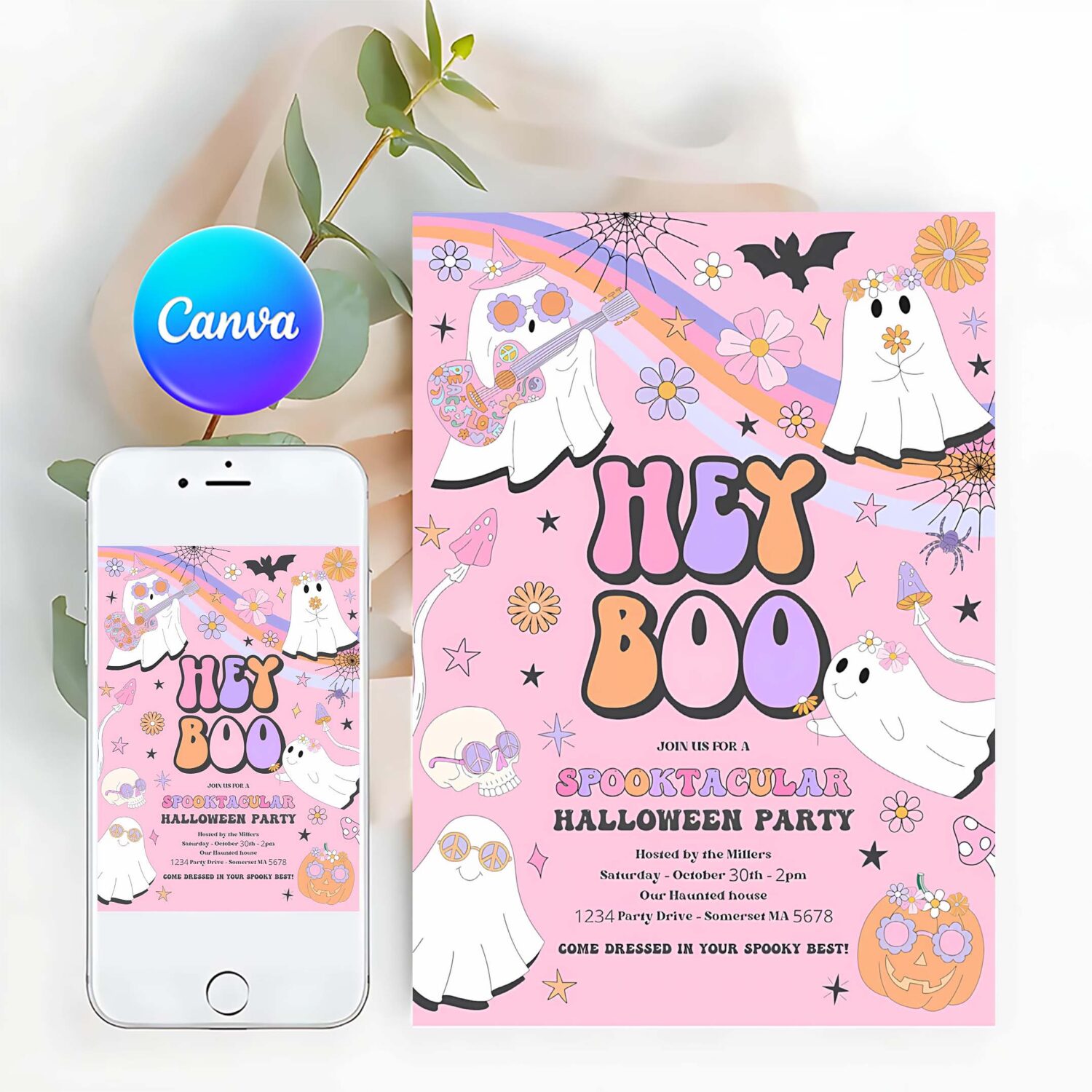 Editable halloween party invitation kids cute pink ghost halloween party spooktacular spooktacular halloween kids party instant download vu