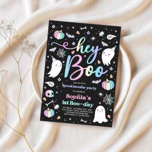 Editable halloween pastel ghost birthday invitation hey boo girly cute ghost birthday party spooktacular halloween party instant download dq 1