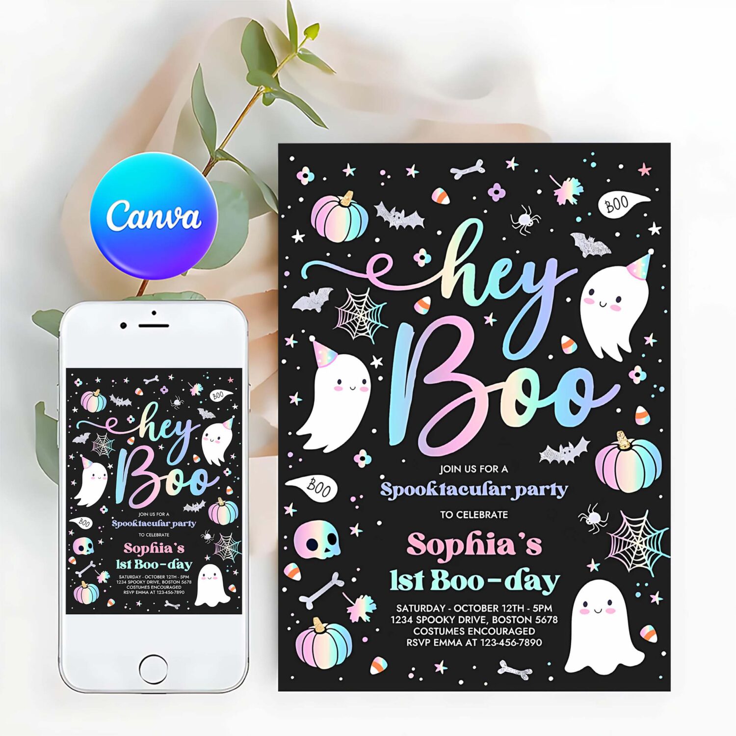 Editable halloween pastel ghost birthday invitation hey boo girly cute ghost birthday party spooktacular halloween party instant download dq