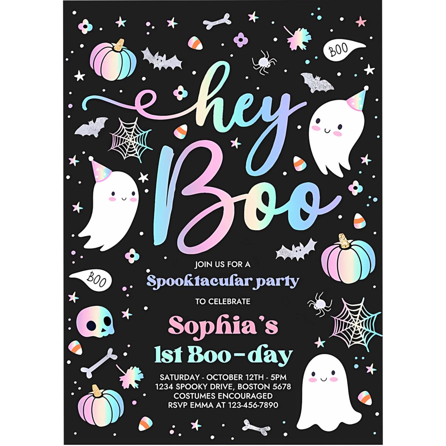 Editable halloween pastel ghost birthday invitation hey boo girly cute ghost birthday party spooktacular halloween party instant download dq 4