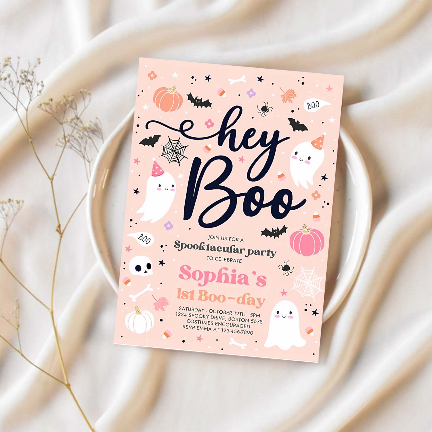Editable halloween pink ghost birthday invitation hey boo girly cute ghost birthday party spooktacular halloween party instant download ds 1