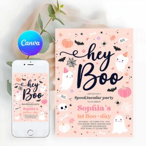 Hey Boo Invitation, Halloween Pink Ghost Birthday Invitation Hey Boo Girly Cute Ghost Birthday Party Spooktacular Halloween Party