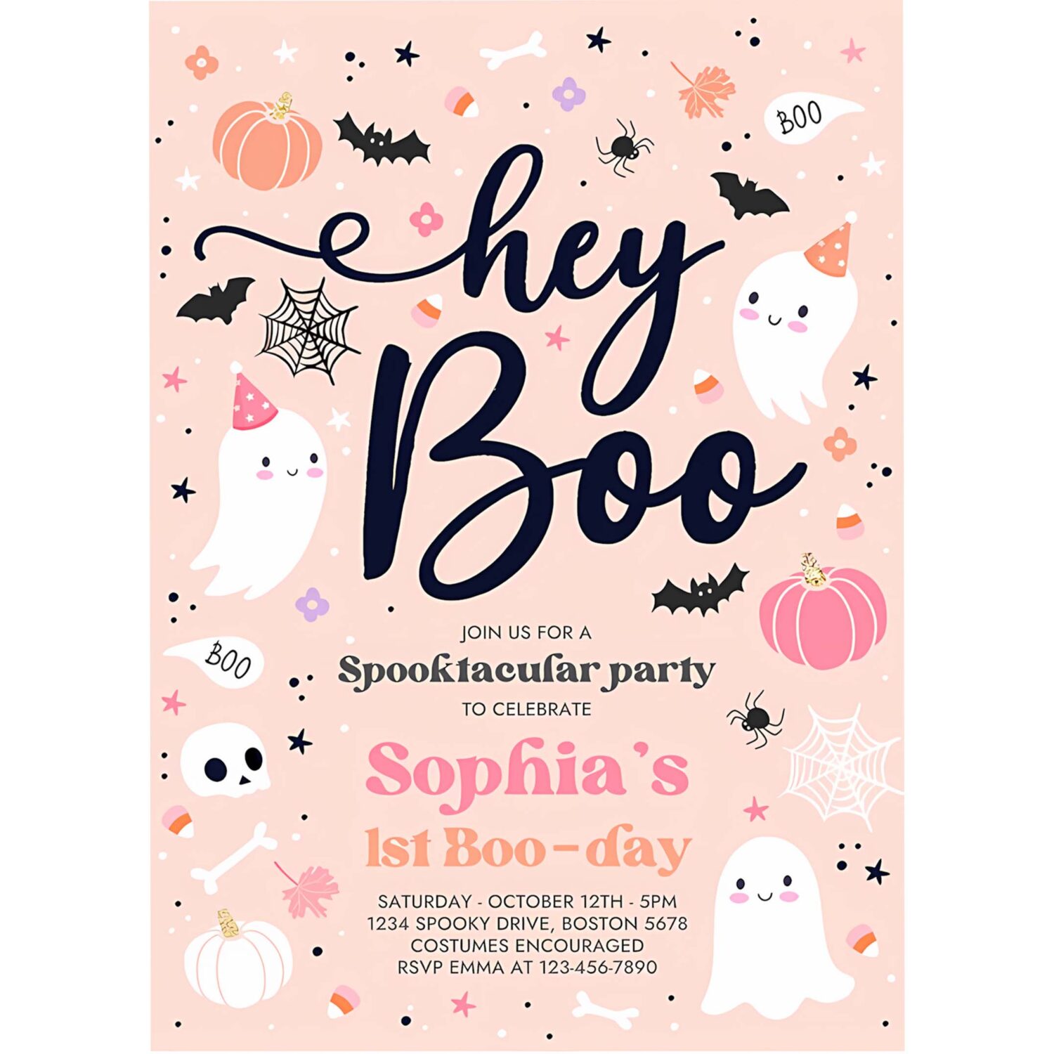 Editable halloween pink ghost birthday invitation hey boo girly cute ghost birthday party spooktacular halloween party instant download ds 4