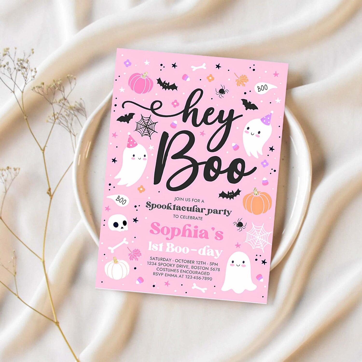 Editable halloween pink ghost birthday invitation hey boo girly cute ghost birthday party spooktacular halloween party instant download f4 1