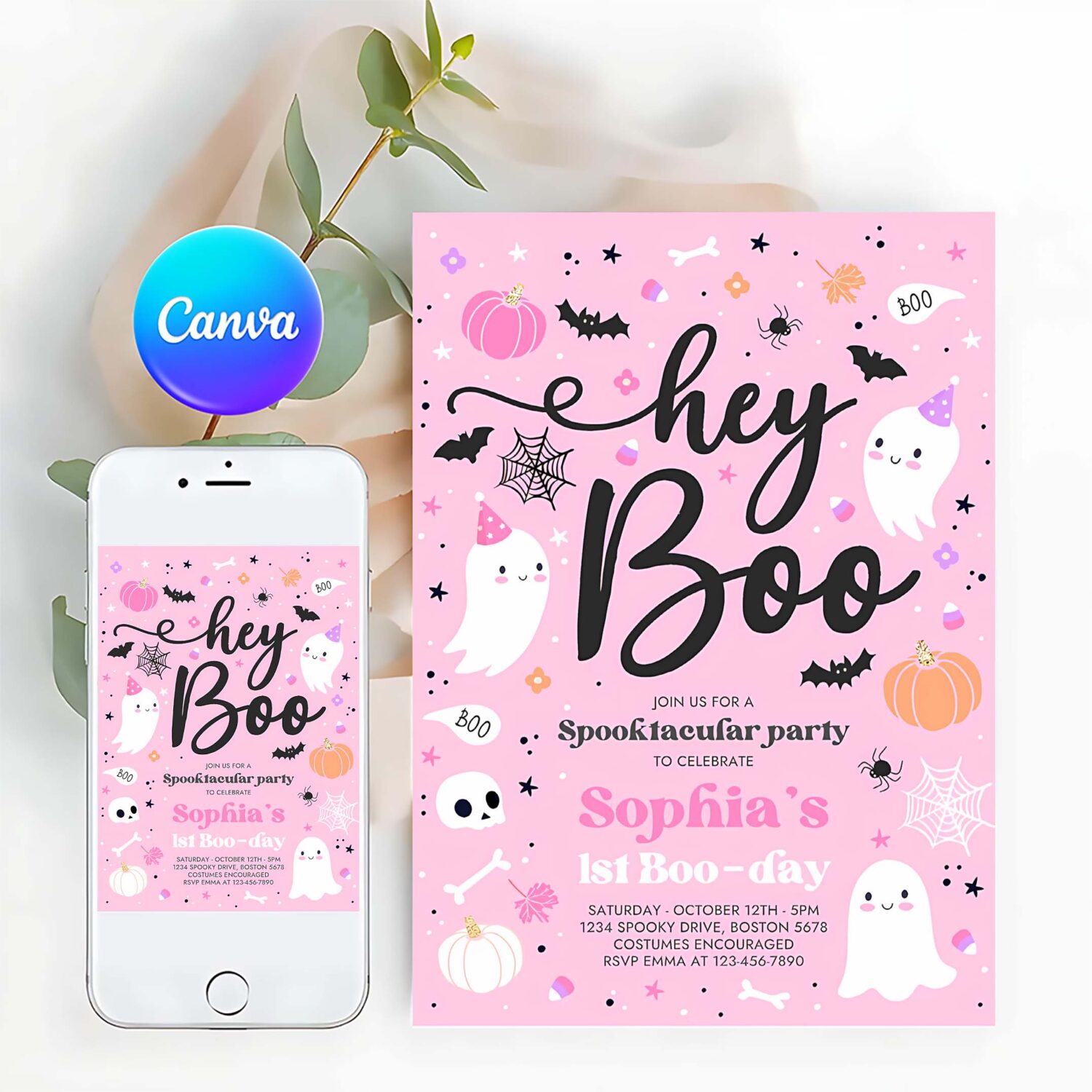 Editable halloween pink ghost birthday invitation hey boo girly cute ghost birthday party spooktacular halloween party instant download f4