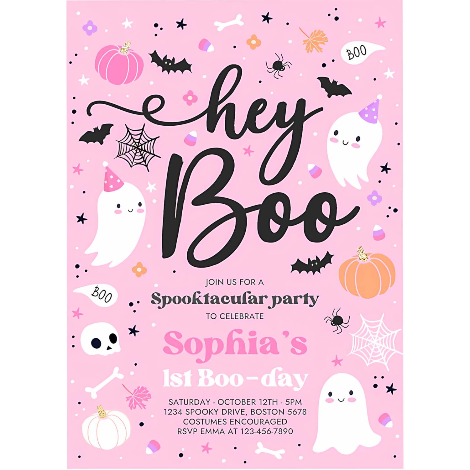 Editable halloween pink ghost birthday invitation hey boo girly cute ghost birthday party spooktacular halloween party instant download f4 4