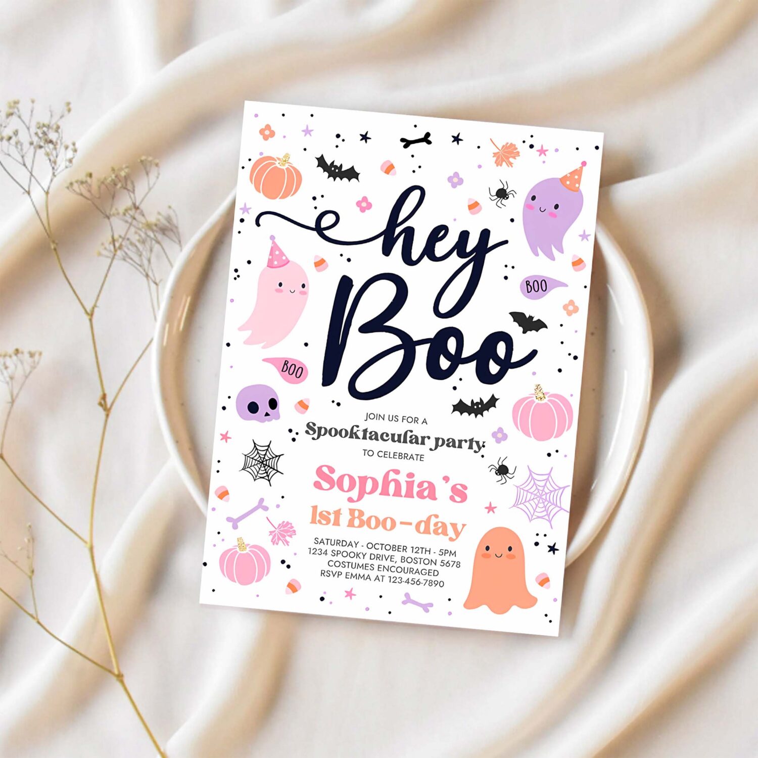 Editable halloween pink ghost birthday invitation hey boo girly cute ghost birthday party spooktacular halloween party instant download f6 1