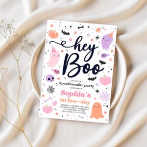 Editable halloween pink ghost birthday invitation hey boo girly cute ghost birthday party spooktacular halloween party instant download f6 1