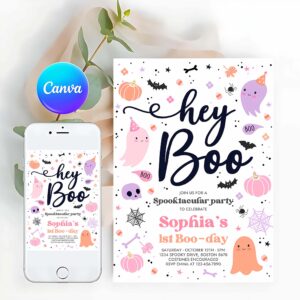 Hey Boo Invitation, Halloween Pink Ghost Birthday Invitation Hey Boo Girly Cute Ghost Birthday Party Spooktacular Halloween Party