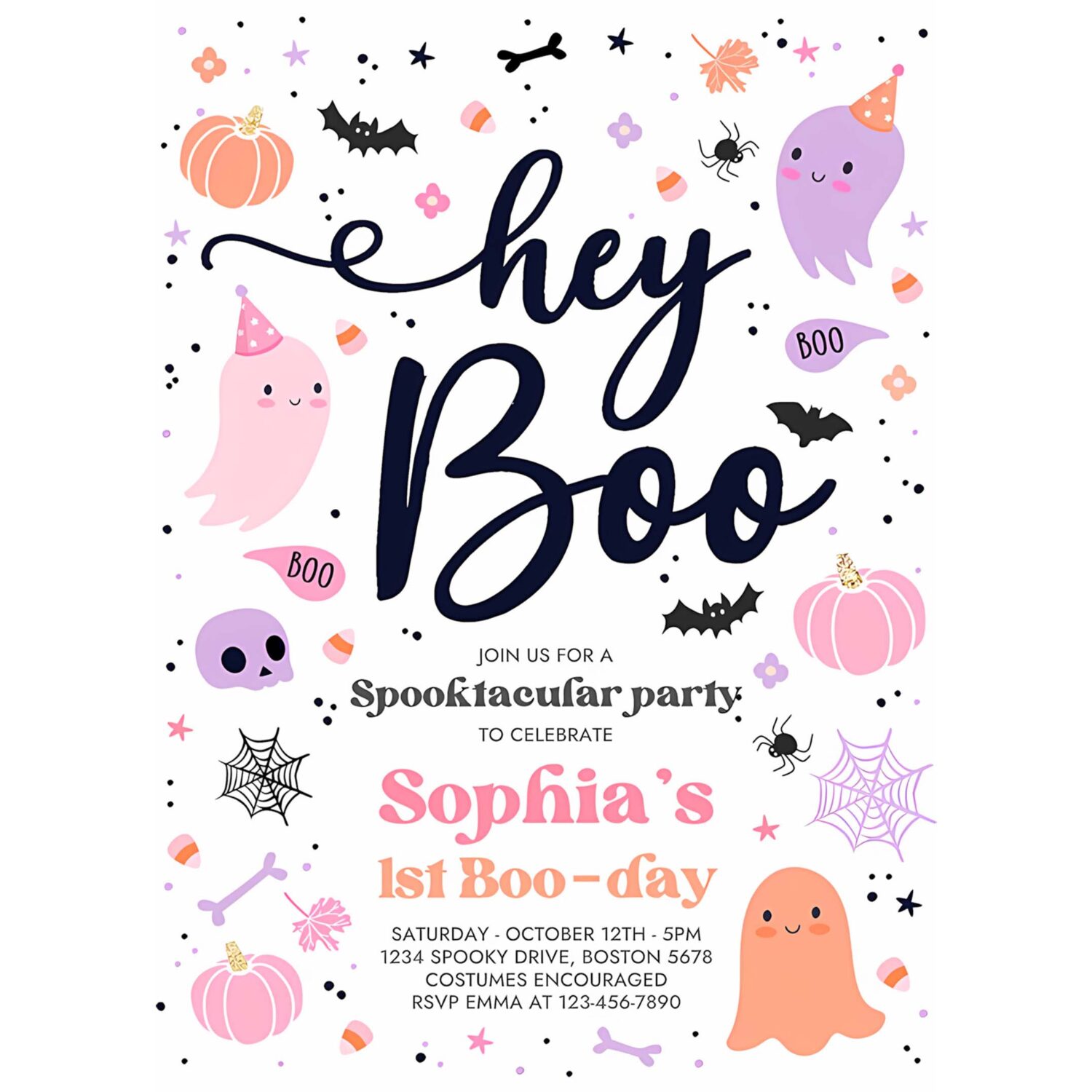 Editable halloween pink ghost birthday invitation hey boo girly cute ghost birthday party spooktacular halloween party instant download f6 4