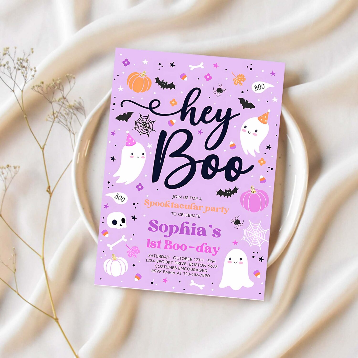 Editable halloween purple ghost birthday invitation hey boo girly cute ghost birthday party spooktacular halloween party instant download l1 1