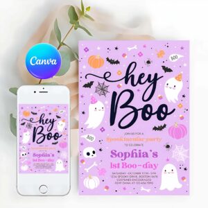 Hey Boo Invitation, Halloween Purple Ghost Birthday Invitation Hey Boo Girly Cute Ghost Birthday Party Spooktacular Halloween Party