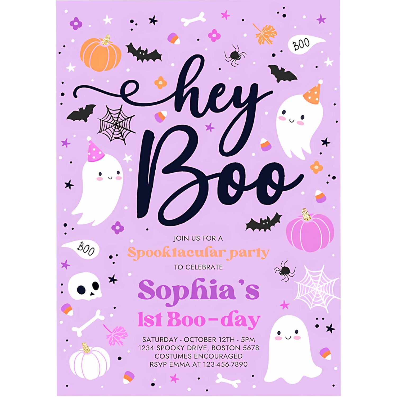 Editable halloween purple ghost birthday invitation hey boo girly cute ghost birthday party spooktacular halloween party instant download l1 4