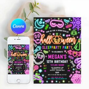 One Spooky Invitation, Halloween Sleepover Party Invitation Spooky Sleepover Party Neon Glow Halloween Sleepover Spooktacular Party