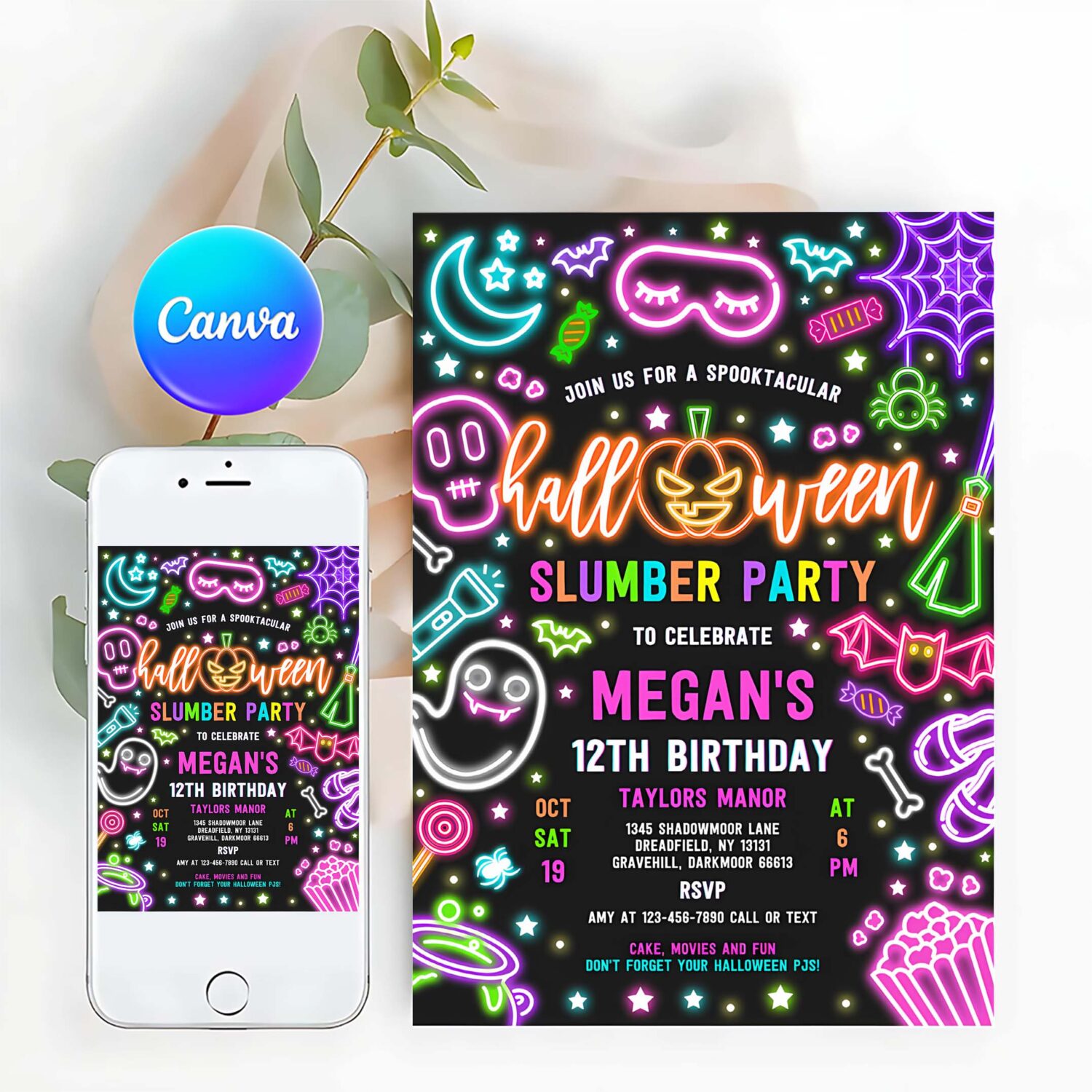Editable halloween slumber party invitation spooky sleepover party neon glow halloween sleepover spooktacular birthday instant download t6y