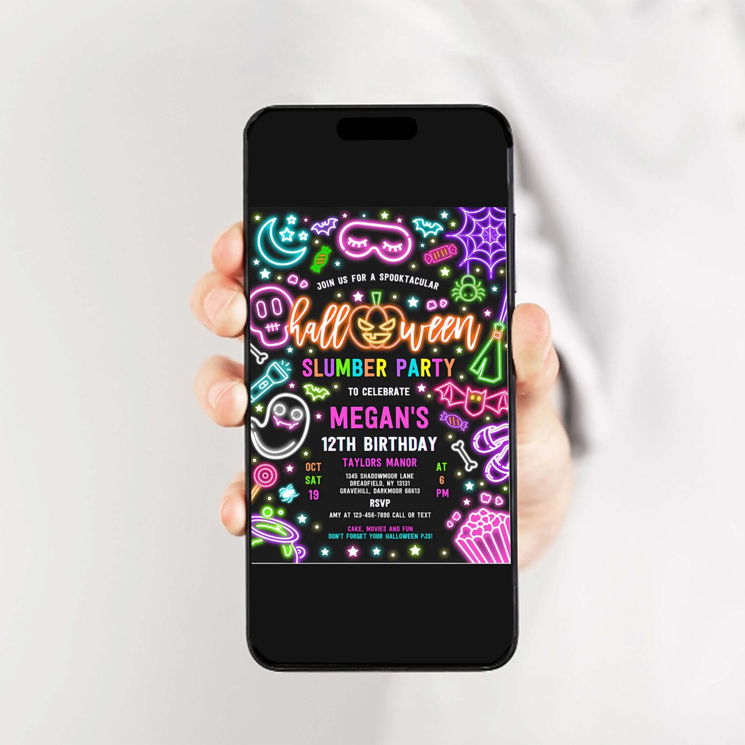 Editable halloween slumber party invitation spooky sleepover party neon glow halloween sleepover spooktacular birthday instant download t6y 2
