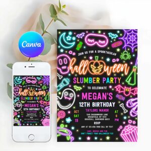 One Spooky Invitation, Halloween Slumber Party Invitation Spooky Sleepover Party Neon Glow Halloween Sleepover Spooktacular Birthday