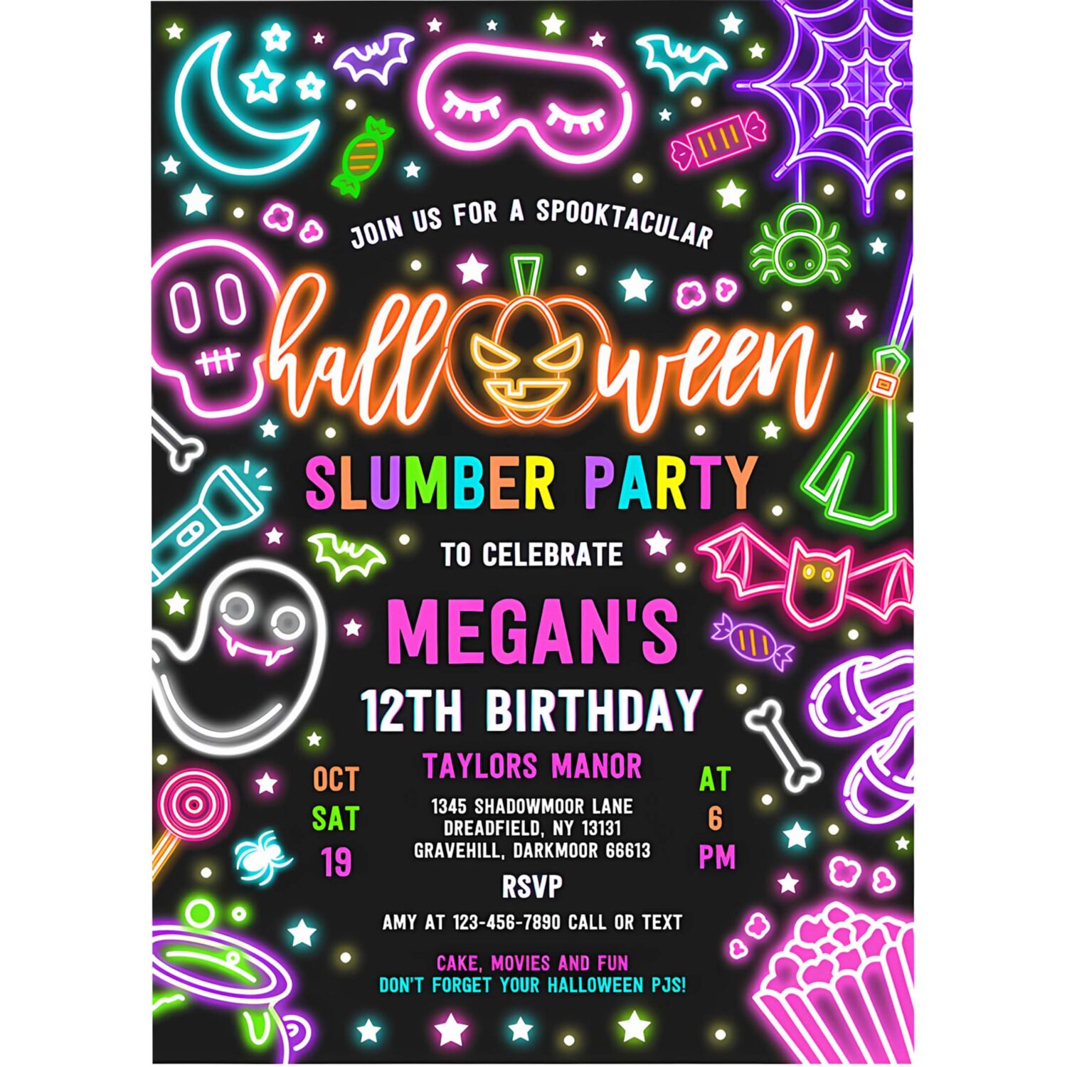 Editable halloween slumber party invitation spooky sleepover party neon glow halloween sleepover spooktacular birthday instant download t6y 4
