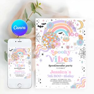Spooky Vibes Invitation, Halloween Spooky Vibes Ghost Birthday Party Invitation Retro Groovy Rainbow Ghost Birthday Hippie Halloween