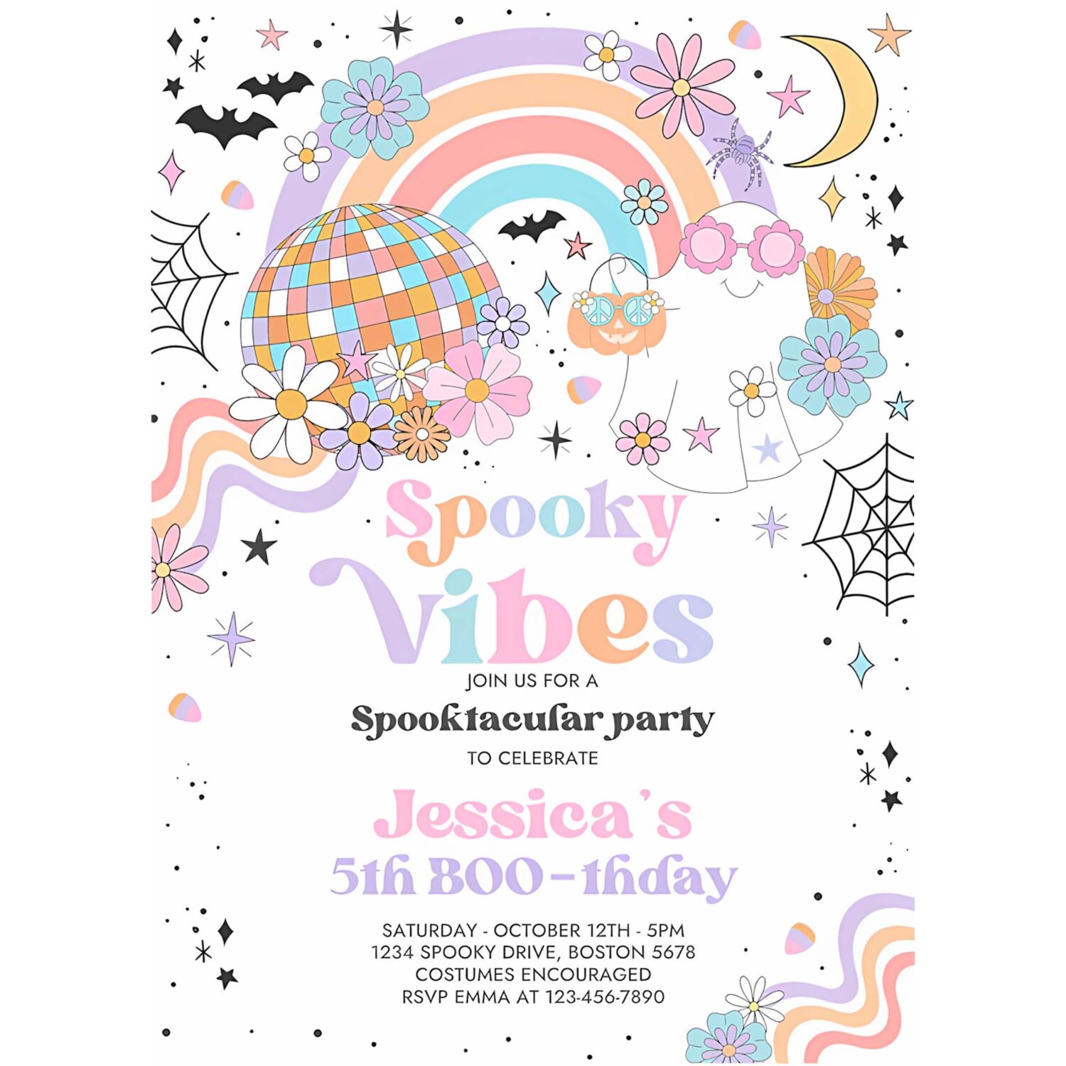 Editable halloween spooky vibes ghost birthday party invitation retro groovy rainbow ghost birthday hippie halloween instant download 45g 4