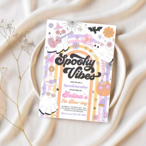 Editable halloween spooky vibes ghost birthday party invitation retro groovy rainbow ghost birthday hippie halloween instant download l3 1